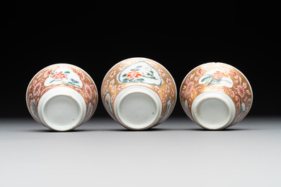 A varied collection of five Chinese famille rose cups and six saucers, Yongzheng/Qianlong