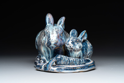 A Chinese Shiwan flamb&eacute; group of two rabbits, Cao Wenxuan 曹文選 and Jing De Zhen Zhi 景德鎮制 seal marks, 1st half 20th C.