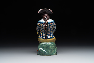A fine polychrome Dutch Delft 'bobbejak' ewer, 18th C.