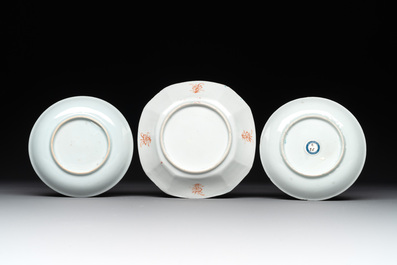 A varied collection of five Chinese famille rose cups and six saucers, Yongzheng/Qianlong