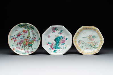 A varied collection of nine Chinese famille rose wares, 19/20th C.