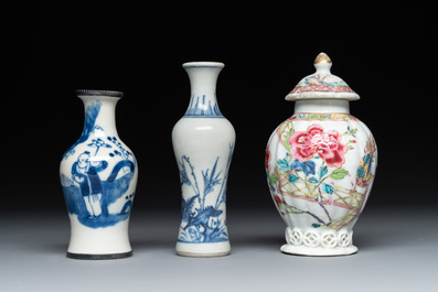 A varied collection of 13 Chinese famille rose, blue and white wares, Transitional period/19th C.