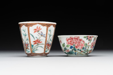 A varied collection of five Chinese famille rose cups and six saucers, Yongzheng/Qianlong