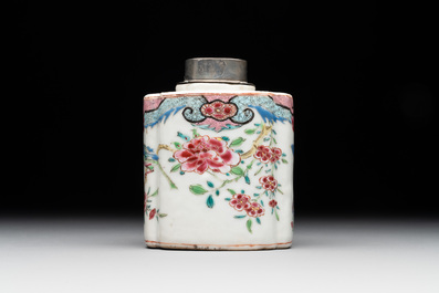 A Chinese famille rose tea caddy, two covered milk jugs and three vases, Yongzheng/Qianlong