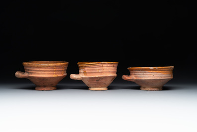 Nine pottery cooking vessels with partial glazing, Low Countries, 14/17th C.