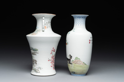 A Chinese famille rose vase, Qianlong and Shinian 世寧 mark, 20th C., and a qianjiang cai vase, signed Ren Huanzhang 任煥章, dated 1942