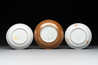 A varied collection of five Chinese famille rose cups and six saucers, Yongzheng/Qianlong