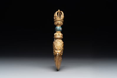 A Sino-Tibetan gilt copper and cloisonn&eacute; vajra kartika with inscriptions, 19/20th C.