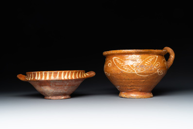 Five slipware vessels, The Netherlands, 17th C.