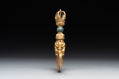 A Sino-Tibetan gilt copper and cloisonn&eacute; vajra kartika with inscriptions, 19/20th C.
