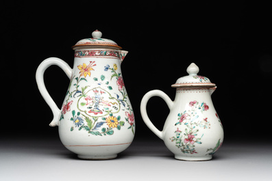 A Chinese famille rose tea caddy, two covered milk jugs and three vases, Yongzheng/Qianlong