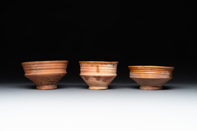 Nine pottery cooking vessels with partial glazing, Low Countries, 14/17th C.