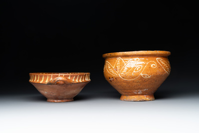 Five slipware vessels, The Netherlands, 17th C.