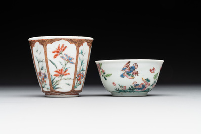 A varied collection of five Chinese famille rose cups and six saucers, Yongzheng/Qianlong