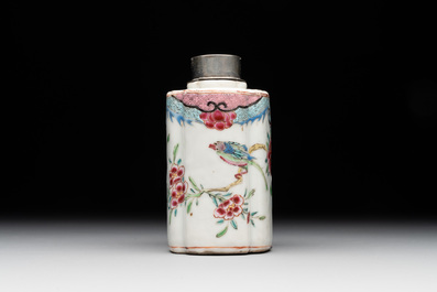 A Chinese famille rose tea caddy, two covered milk jugs and three vases, Yongzheng/Qianlong