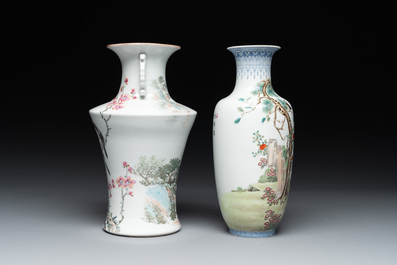 A Chinese famille rose vase, Qianlong and Shinian 世寧 mark, 20th C., and a qianjiang cai vase, signed Ren Huanzhang 任煥章, dated 1942