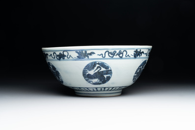 A Chinese blue and white 'crane, deer and hare' bowl, Fu Gui Chang Ming 富貴長命 mark, Jiajing