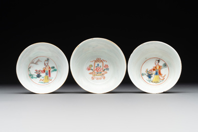 A varied collection of five Chinese famille rose cups and six saucers, Yongzheng/Qianlong