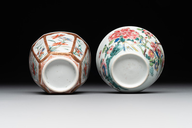 A varied collection of five Chinese famille rose cups and six saucers, Yongzheng/Qianlong