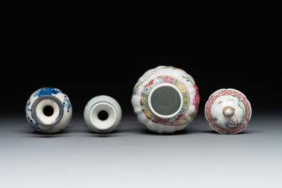 A varied collection of 13 Chinese famille rose, blue and white wares, Transitional period/19th C.