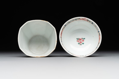 A varied collection of five Chinese famille rose cups and six saucers, Yongzheng/Qianlong