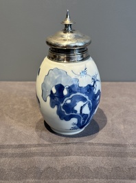 A Chinese blue and white 'Long Eliza and playing boys' tea caddy with silver mount and cover, Kangxi