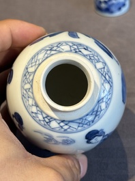 A Chinese blue and white 'Long Eliza' tea caddy and cover, artemisia leaf mark, Kangxi