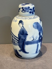 A Chinese blue and white 'Long Eliza' tea caddy and cover, artemisia leaf mark, Kangxi