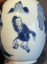 A Chinese blue and white 'Long Eliza and playing boys' tea caddy with silver mount and cover, Kangxi