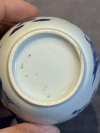 A Chinese blue and white 'Long Eliza and playing boys' tea caddy with silver mount and cover, Kangxi