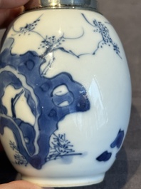 A Chinese blue and white 'Long Eliza and playing boys' tea caddy with silver mount and cover, Kangxi