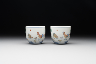 A pair of extremely rare imperial Chinese doucai 'chicken' cups, Chenghua mark, Yongzheng/Qianlong