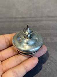 A Chinese blue and white 'Long Eliza and playing boys' tea caddy with silver mount and cover, Kangxi