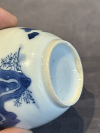A Chinese blue and white 'Long Eliza and playing boys' tea caddy with silver mount and cover, Kangxi