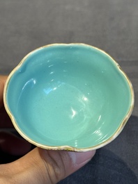 A pair of rare Chinese famille rose lotus-shaped stem cups, Yongzheng