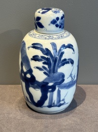 A Chinese blue and white 'Long Eliza' tea caddy and cover, artemisia leaf mark, Kangxi