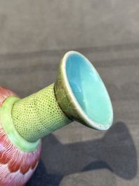 A pair of rare Chinese famille rose lotus-shaped stem cups, Yongzheng