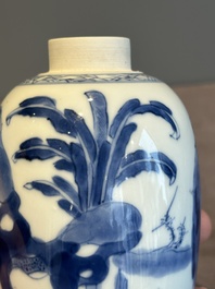 A Chinese blue and white 'Long Eliza' tea caddy and cover, artemisia leaf mark, Kangxi