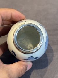 A Chinese blue and white 'Long Eliza and playing boys' tea caddy with silver mount and cover, Kangxi