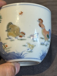 A pair of extremely rare imperial Chinese doucai 'chicken' cups, Chenghua mark, Yongzheng/Qianlong