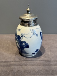 A Chinese blue and white 'Long Eliza and playing boys' tea caddy with silver mount and cover, Kangxi