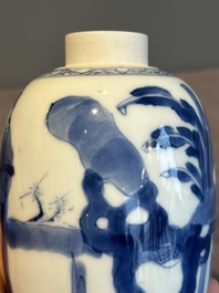 A Chinese blue and white 'Long Eliza' tea caddy and cover, artemisia leaf mark, Kangxi