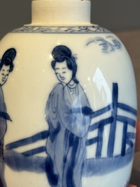 A Chinese blue and white 'Long Eliza' tea caddy and cover, artemisia leaf mark, Kangxi