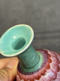 A pair of rare Chinese famille rose lotus-shaped stem cups, Yongzheng