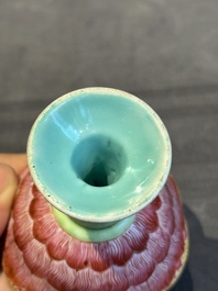 A pair of rare Chinese famille rose lotus-shaped stem cups, Yongzheng