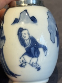 A Chinese blue and white 'Long Eliza and playing boys' tea caddy with silver mount and cover, Kangxi