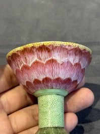 A pair of rare Chinese famille rose lotus-shaped stem cups, Yongzheng