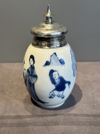 A Chinese blue and white 'Long Eliza and playing boys' tea caddy with silver mount and cover, Kangxi