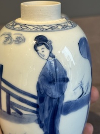A Chinese blue and white 'Long Eliza' tea caddy and cover, artemisia leaf mark, Kangxi