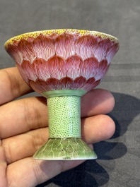 A pair of rare Chinese famille rose lotus-shaped stem cups, Yongzheng